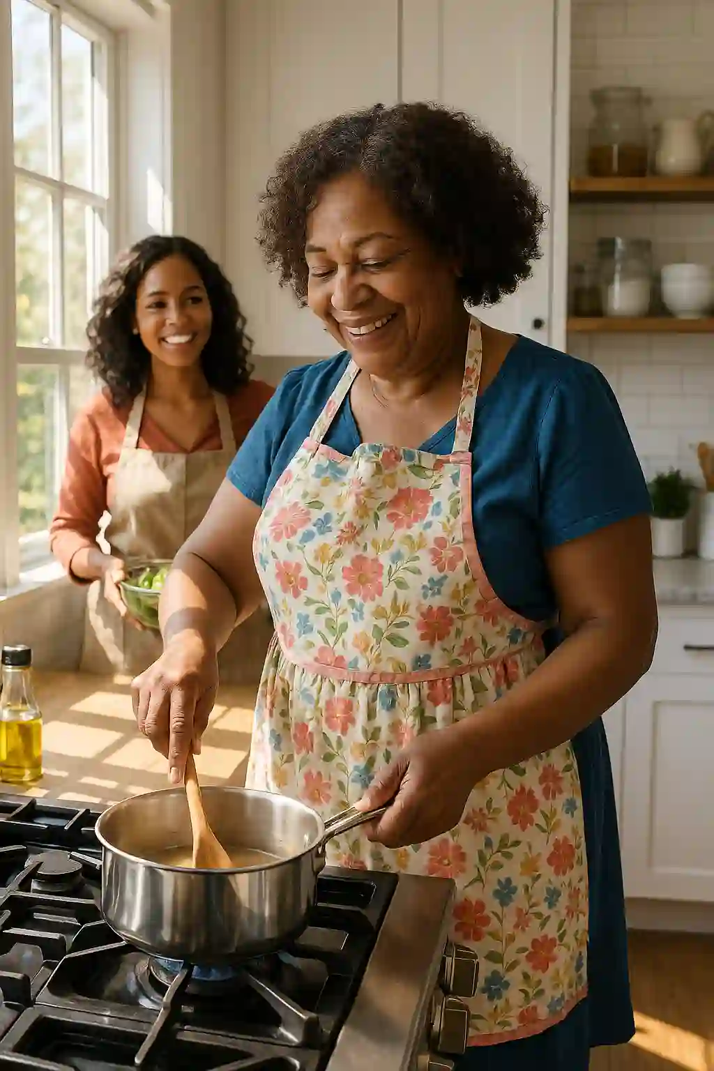 Rasha and Mam: Shared Culinary Joy A joyful older Black woman with curly hair, wearing a floral apron, stirs a pot on a gas stove. In the background, a younger Black woman with curly hair, also smiling, holds a bowl of green vegetables by a bright kitchen window.