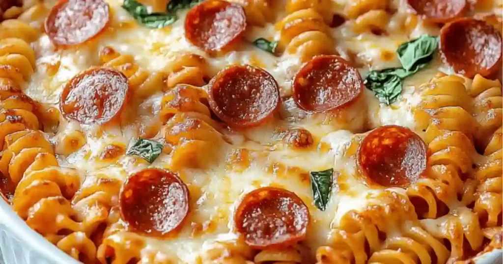 Close-up of a cheesy pasta bake topped with pepperoni slices and fresh basil.