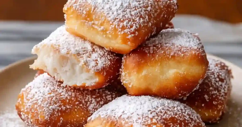 A stack of golden-brown French beignets dusted with powdered sugar, with one beignet partially broken to show its fluffy interior.