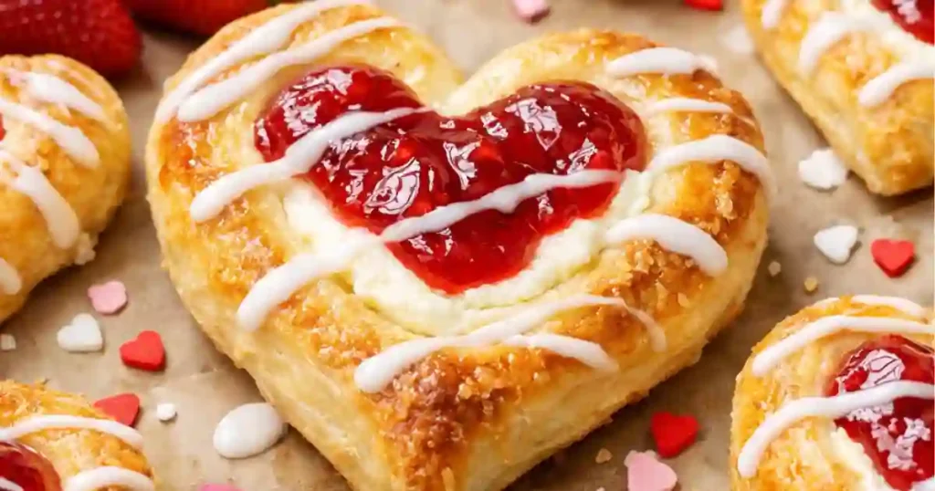 Delicious heart-shaped cream cheese danishes topped with strawberry jam and drizzled with icing, perfect for Valentine's Day.
