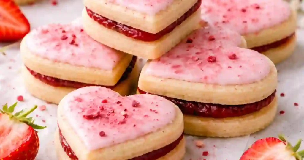 A stack of heart-shaped strawberry shortbread cookies filled with raspberry jam and topped with pink frosting, surrounded by fresh strawberries.