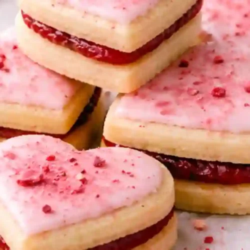 A stack of heart-shaped strawberry shortbread cookies filled with raspberry jam and topped with pink frosting, surrounded by fresh strawberries.