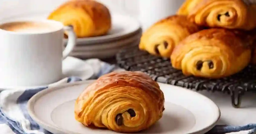 Homemade chocolate croissants with golden flaky layers and melted chocolate centers served with coffee