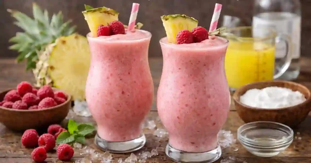 Two frozen Raspberry Piña Colada drinks garnished with pineapple and raspberries, surrounded by fresh raspberries and coconut cream.