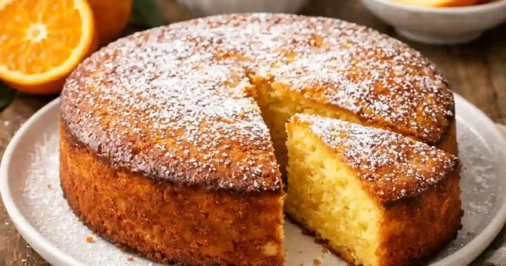 A freshly baked whole orange cake with a slice cut out, showcasing its moist texture and light color, dusted with powdered sugar.