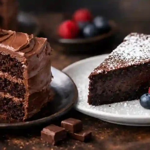 Two types of chocolate cake: a layered classic chocolate cake with chocolate frosting and a slice of flourless chocolate cake, garnished with fresh raspberries and blueberries.