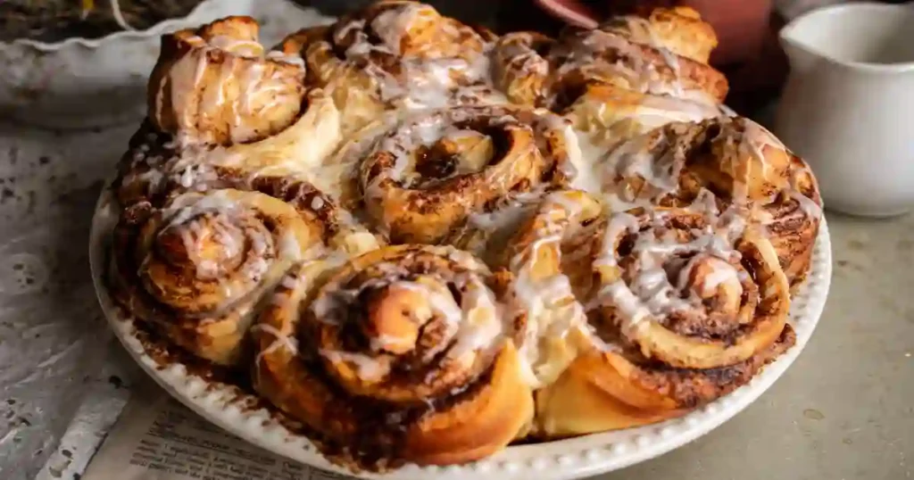 A beautifully arranged plate of soft and fluffy cinnamon rolls drizzled with white icing, showcasing their swirled layers and rich cinnamon filling.