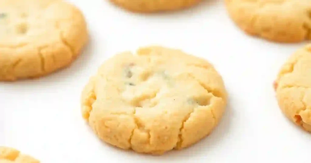 A single Melt in Your Mouth Shortbread cookie on a white background, surrounded by more cookies.