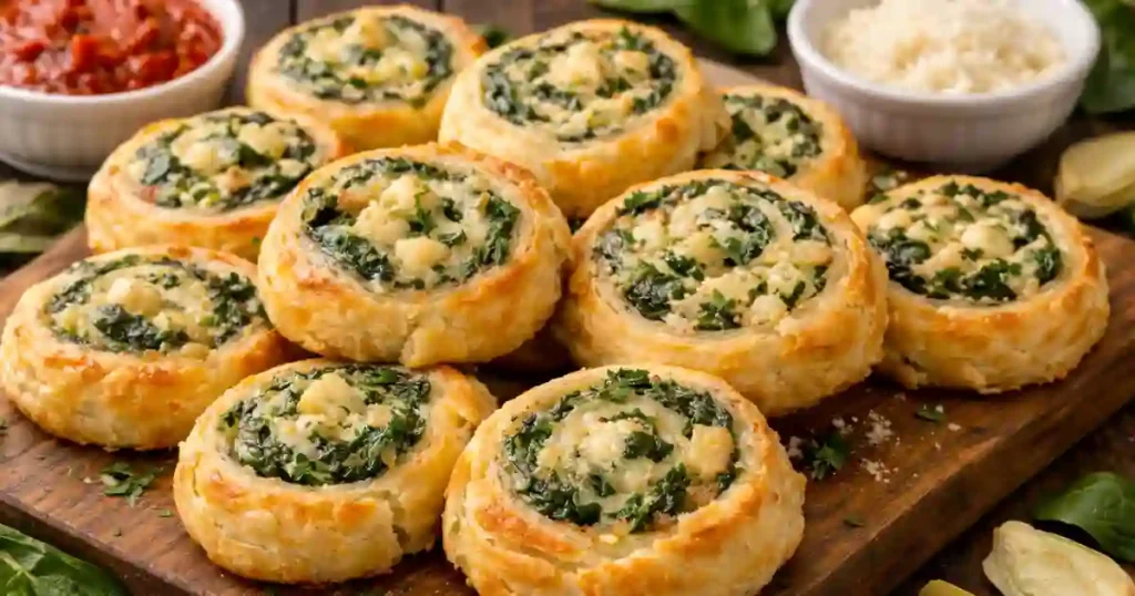 Golden-brown spinach and artichoke pinwheels arranged on a wooden serving board, with dips in the background.