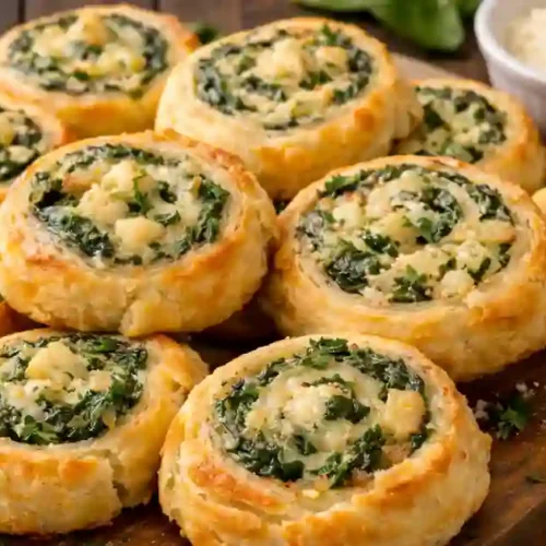 Golden-brown spinach and artichoke pinwheels arranged on a wooden serving board, with dips in the background.