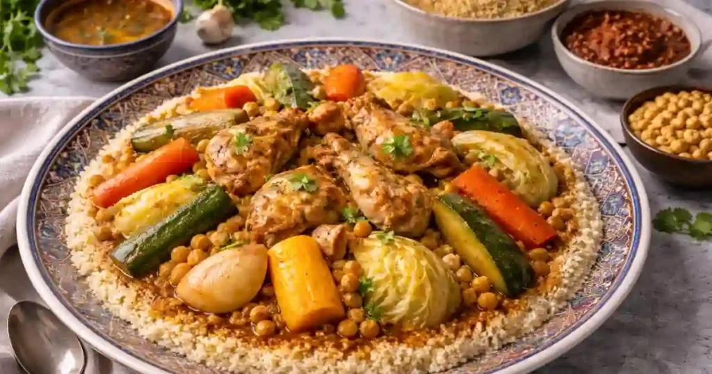 A colorful platter of Moroccan Chicken Couscous featuring tender chicken, vibrant vegetables, and fluffy couscous, garnished with fresh herbs.