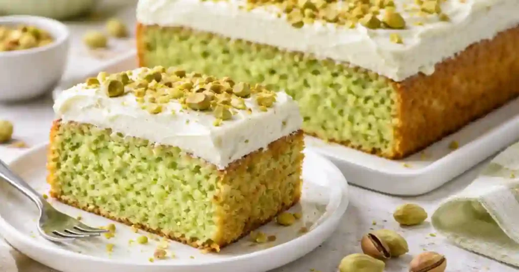 Slice of bright green pistachio pudding cake topped with white cream frosting and crushed pistachios, served on a white plate with scattered pistachios around.