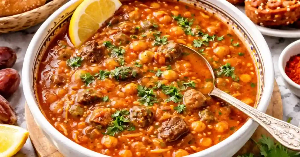 A hearty bowl of Moroccan harira soup with chickpeas and lentils, garnished with chopped herbs and a lemon wedge on the side.
