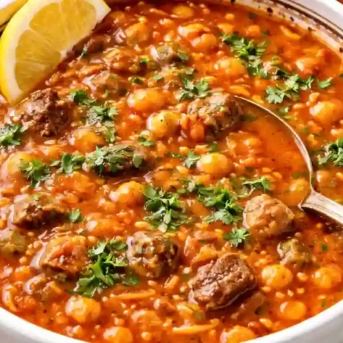 A hearty bowl of Moroccan harira soup with chickpeas and lentils, garnished with chopped herbs and a lemon wedge on the side.