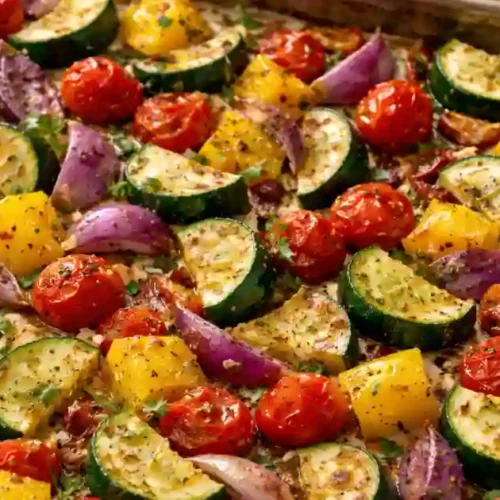 A colorful array of roasted zucchini, red onion, yellow bell peppers, cherry tomatoes, and herbs arranged on a baking sheet.