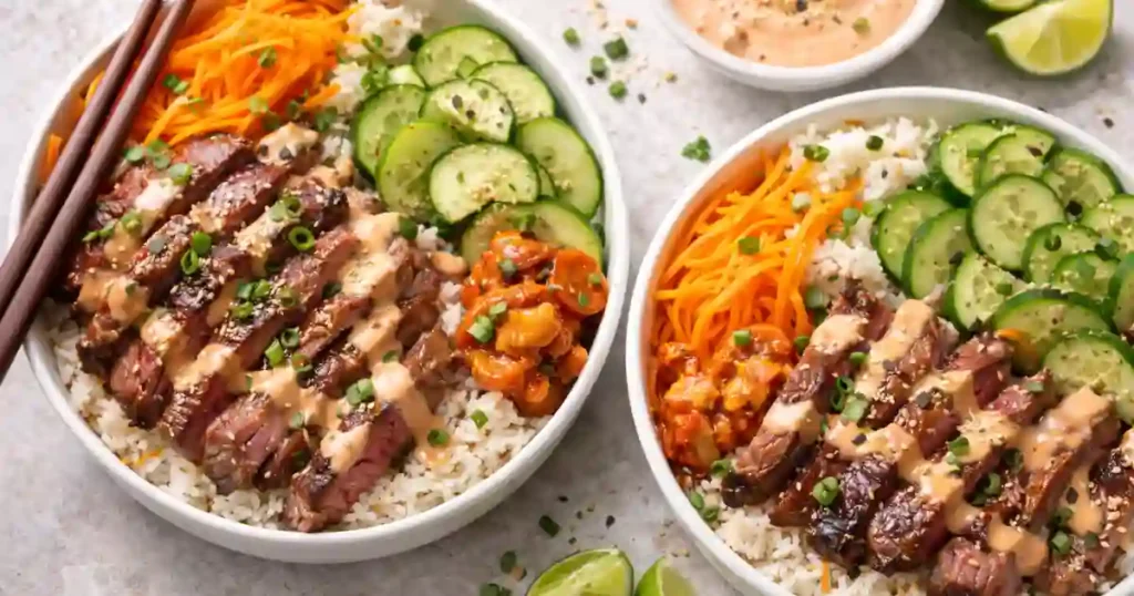Two bowls of Korean BBQ steak rice topped with spicy cream sauce, cucumber slices, shredded carrots, and garnished with green onions, served with lime wedges.