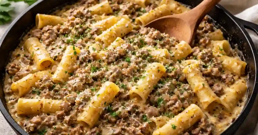 A creamy pasta dish featuring rigatoni noodles mixed with seasoned ground beef and a rich garlic butter sauce, garnished with fresh parsley.