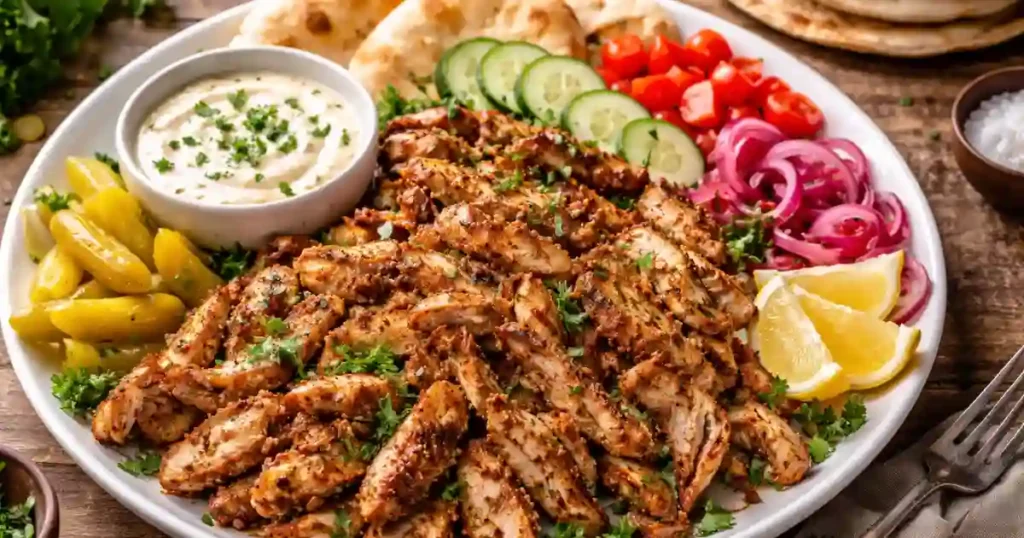A plate of Chicken Shawarma served with vegetables and a side of garlic sauce, garnished with fresh parsley, showcasing tender spiced chicken wrapped in pita bread.