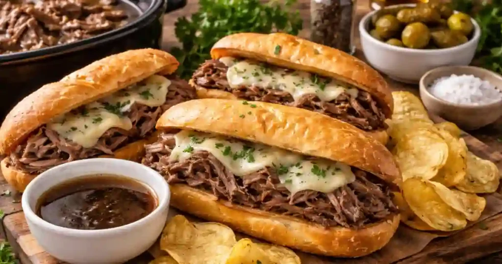 A platter featuring three Crockpot French Dip Sandwiches filled with tender shredded beef and melted cheese, served with a side of potato chips and a small bowl of dipping sauce.