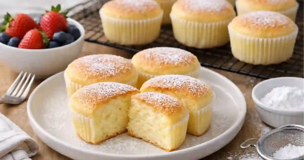 A plate of fluffy Japanese cotton cheesecake cupcakes, with a few cupcakes cut in half to reveal their soft texture. Fresh strawberries and blueberries are in the background.