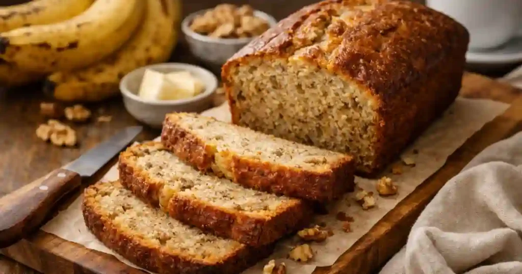 A freshly baked banana loaf, sliced to reveal its moist interior, surrounded by bananas, walnuts, and a pat of butter on a wooden cutting board.